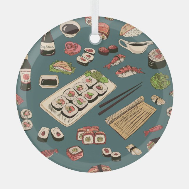 Sushi Rolls: Coloured Seamless Vintage. Glass Ornament (Front)