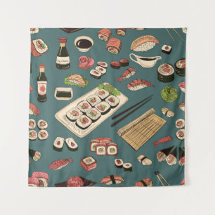 Sushi Rolls: Coloured Seamless Vintage. Tapestry