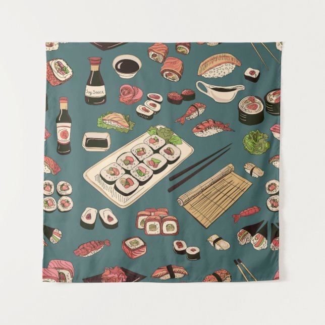 Sushi Rolls: Coloured Seamless Vintage. Tapestry (Front)
