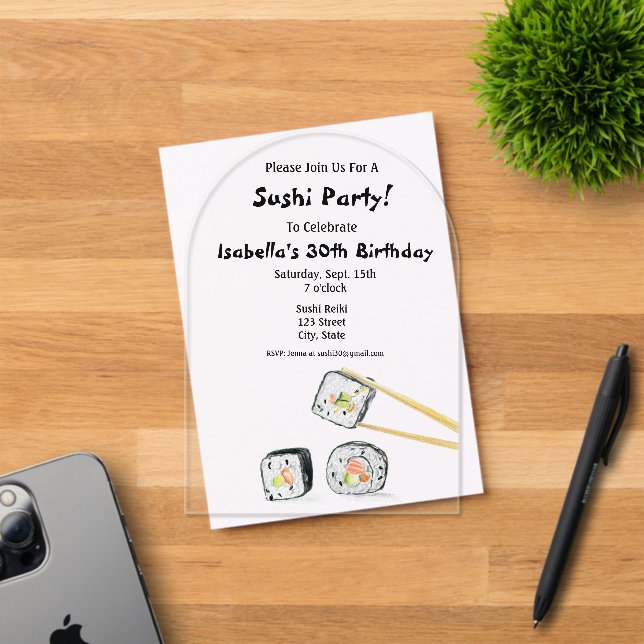 Sushi Rolls With Chopstick Party Acrylic Invitations (Insitu (Invitation Card))