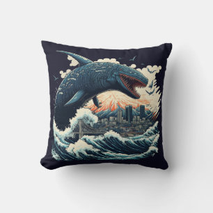 Sushi Shark Monster Attacking The City Throw Pillow