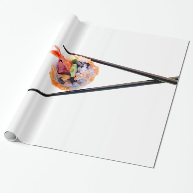 Sushi Shrimp Roll Black Chopsticks on White Japan Wrapping Paper (Unrolled)
