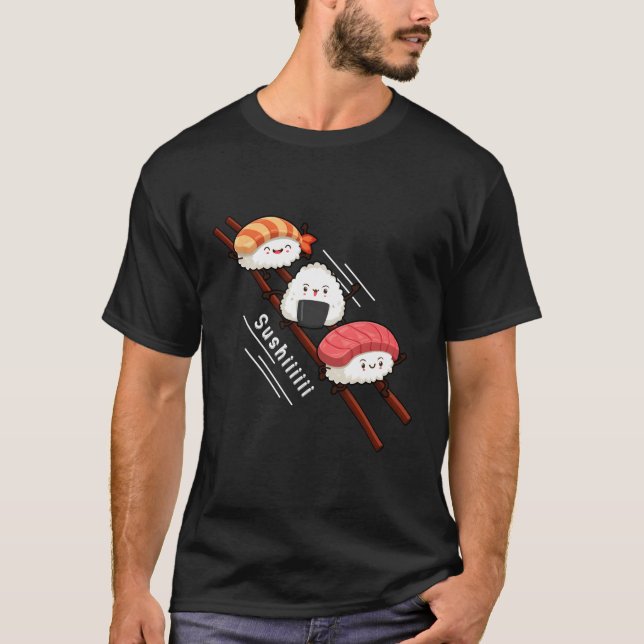Sushi Sliding On Chopsticks Kawaii Anime Japanese  T-Shirt (Front)