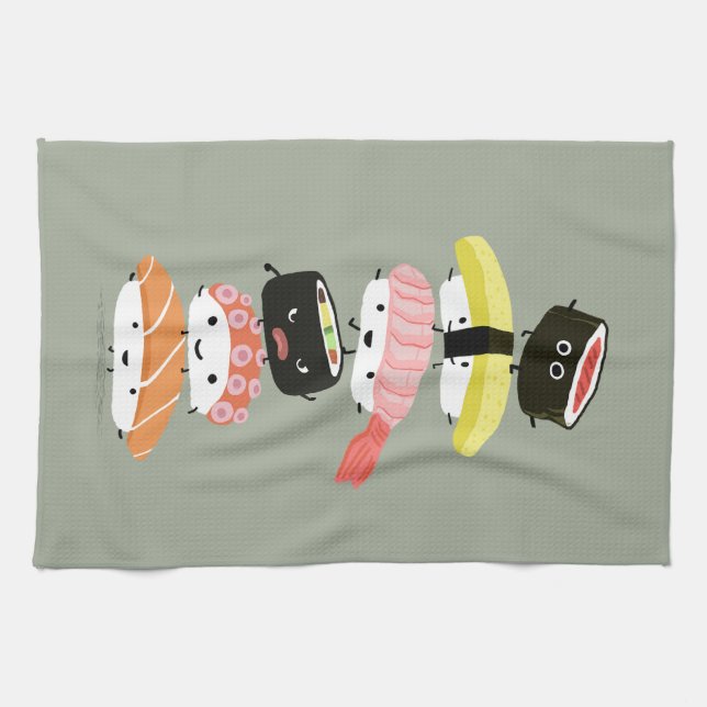 Sushi Stack - A Tower of Happy Sushi Friends Kitchen Towel (Horizontal)
