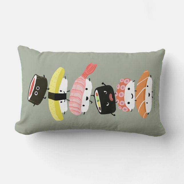 Sushi Stack - A Tower of Happy Sushi Friends Lumbar Pillow (Front)