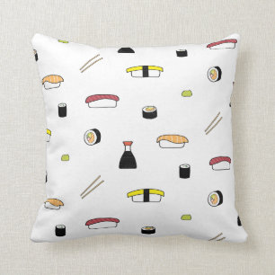 Sushi Themed Pattern   Illustrated Sushi Set White Throw Pillow