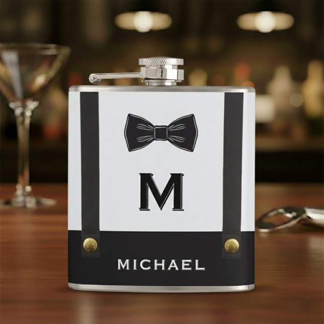 Suspenders & Bowtie Name Monogram Boy  Hip Flask (Creator Uploaded)