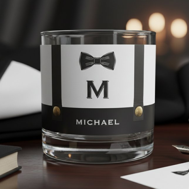 Suspenders & Bowtie Name Monogram Boy  Whiskey Glass (Creator Uploaded)