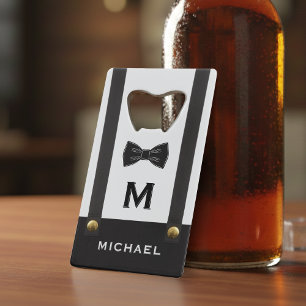 Suspenders & Bowtie Name Monogram Credit Card Bottle Opener