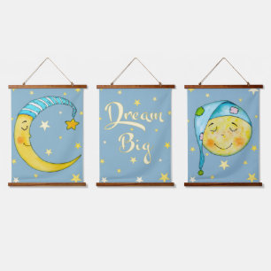 Suspendue Pépinière Mur Art Lune Étoiles Tapisserie bleu Jau