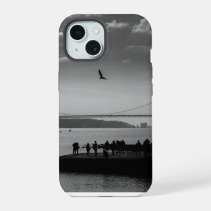 Suspension Bridge in Lisbon Black and White Photo iPhone 15 Case