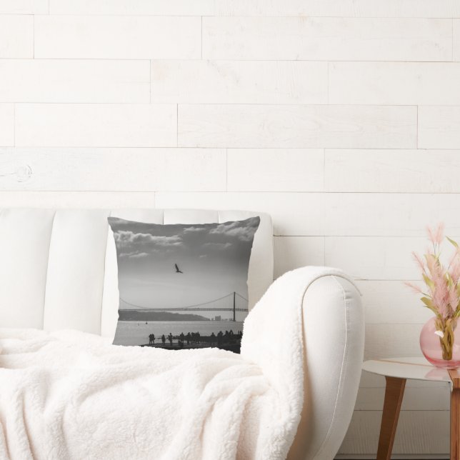 Suspension Bridge in Lisbon Black and White Photo Throw Pillow (Couch)