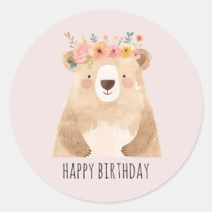 Süßer Bär mit Blumen- HAPPY BIRTHDAY" - boho Classic Round Sticker