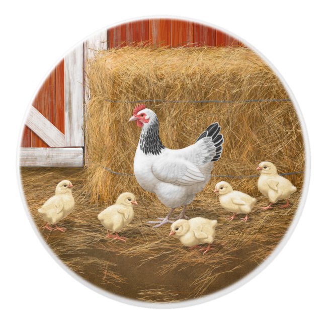 Sussex Chicken Mama Hen and Chicks Ceramic Knob (Front)