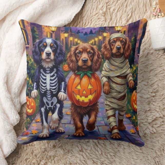 Sussex Spaniel Dogs in Halloween Costumes Throw Pillow (Blanket)