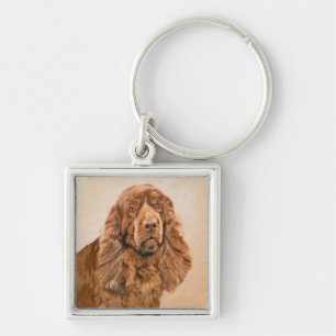 Sussex Spaniel Painting - Cute Original Dog Art Keychain