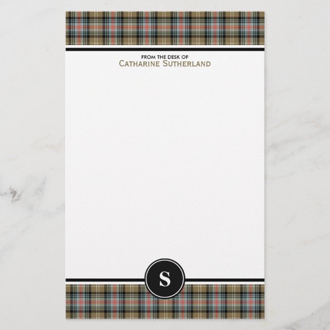 Sutherland Clan Ancient Tartan Tan Plaid Monogram Stationery (Front)