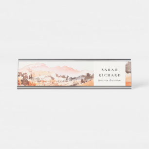 Sutle Blush Orange Watercolor Woods Mountain Desk Name Plate
