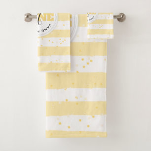 Suuny Yellow and White Monogrammed Name Stripes Bath Towel Set