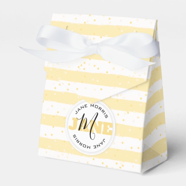Suuny Yellow and White Monogrammed Name Stripes Favor Box (Front Side)