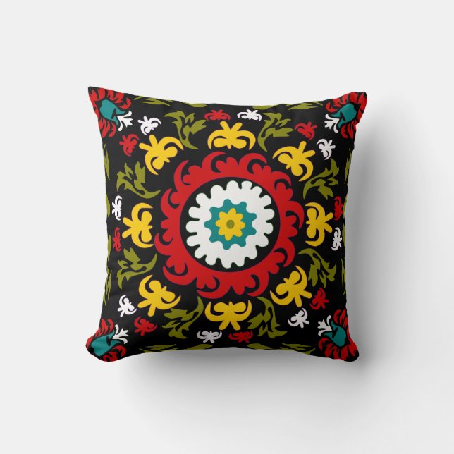 Suzani floral pattern, folk art throw pillow (Front)