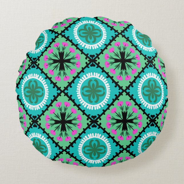 Suzani Pattern with Uzbek and Kazakh Motifs Round Pillow (Front)
