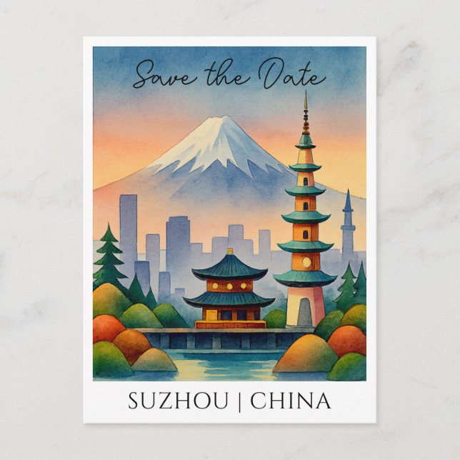 Suzhou China Watercolor Save the Date Postcard (Front)