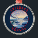 Svalbard Norway Retro Distressed Circle Metal Ornament<br><div class="desc">Svalbard in a vector art style. One of the world’s northernmost inhabited areas,  it's known for its rugged,  remote terrain of glaciers and frozen tundra sheltering polar bears,  Svalbard reindeer and Arctic foxes.</div>