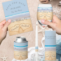 Dusty Blue Beach Wedding Names Hearts on Sand 