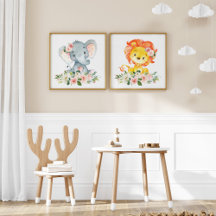 Safari Animals, Pink Flowers Nursery Prints