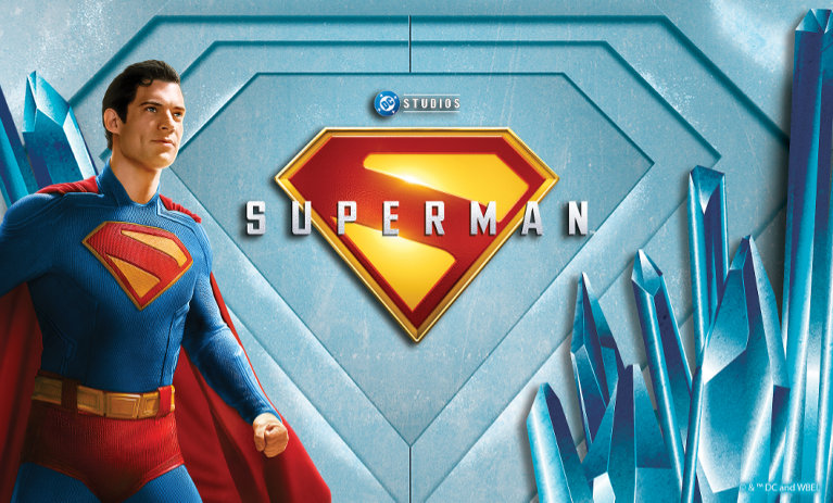 Theatrical image of Superman with Superman logo in front of Fortress of Solitude doors