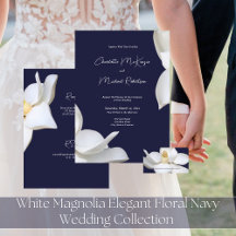 White Magnolia Elegant Floral on Navy Wedding
