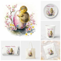 Easter Watercolor Duckling - Easter Egg & Flowers