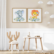 Safari Animals, Blue Flowers Nursery Prints
