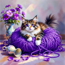 Tabby Cat, Purple Yarn and Vase of Flowers