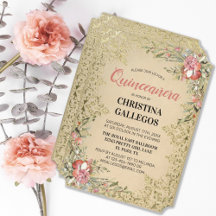 CLASSIC VINTAGE GOLD PINK FLORAL QUINCEAÑERA