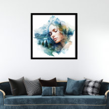 Excited double exposure of woman and mountains