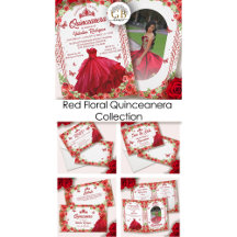 Elegant Red Glitter Floral Sparkle Quinceanera
