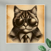 Cool Retro Cat in Aviator Sunglasses, Sepia