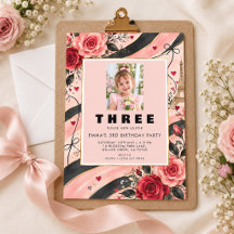 Girls 3rd Birthday Photo Invitations | Pink Red