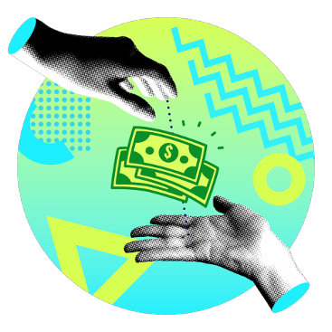 Illustration of one hand passing money to another, symbolizing Zazzle’s preference to pay creators and ambassadors directly.