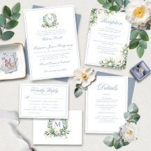 Formal Elegant Blue Floral Crest Monogram Wedding