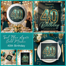 Teal Blue Agate & Gold Mosaic 40th Birthday Party