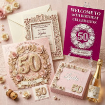 50th Birthday Party Elegant Rose & Lace Papercut 