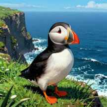 Seaside Puffin on a Grassy Cliff Overlooking Ocean