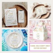 Floral Gold Script Sweet Sixteen Collection 