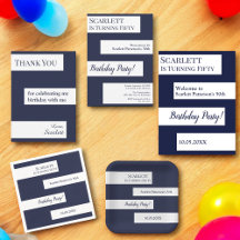 Modern Simple Navy Blue White Elegant Birthday