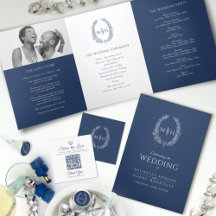 Navy white oval leaves monogram wreath wedding