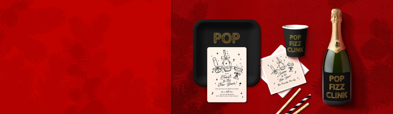 An array of customizable New Year's Eve designs on invitations and other party supplies
