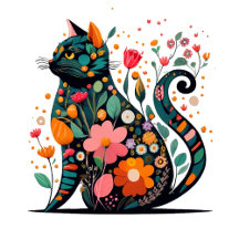 Black Cat silhouette made of colorful flowers